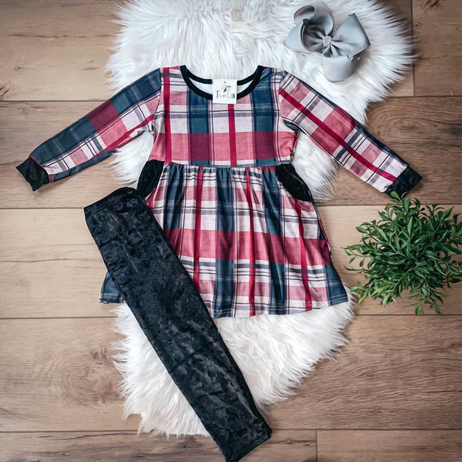 Twocan - Girls Christmas Plaid & Velvet Pants Set