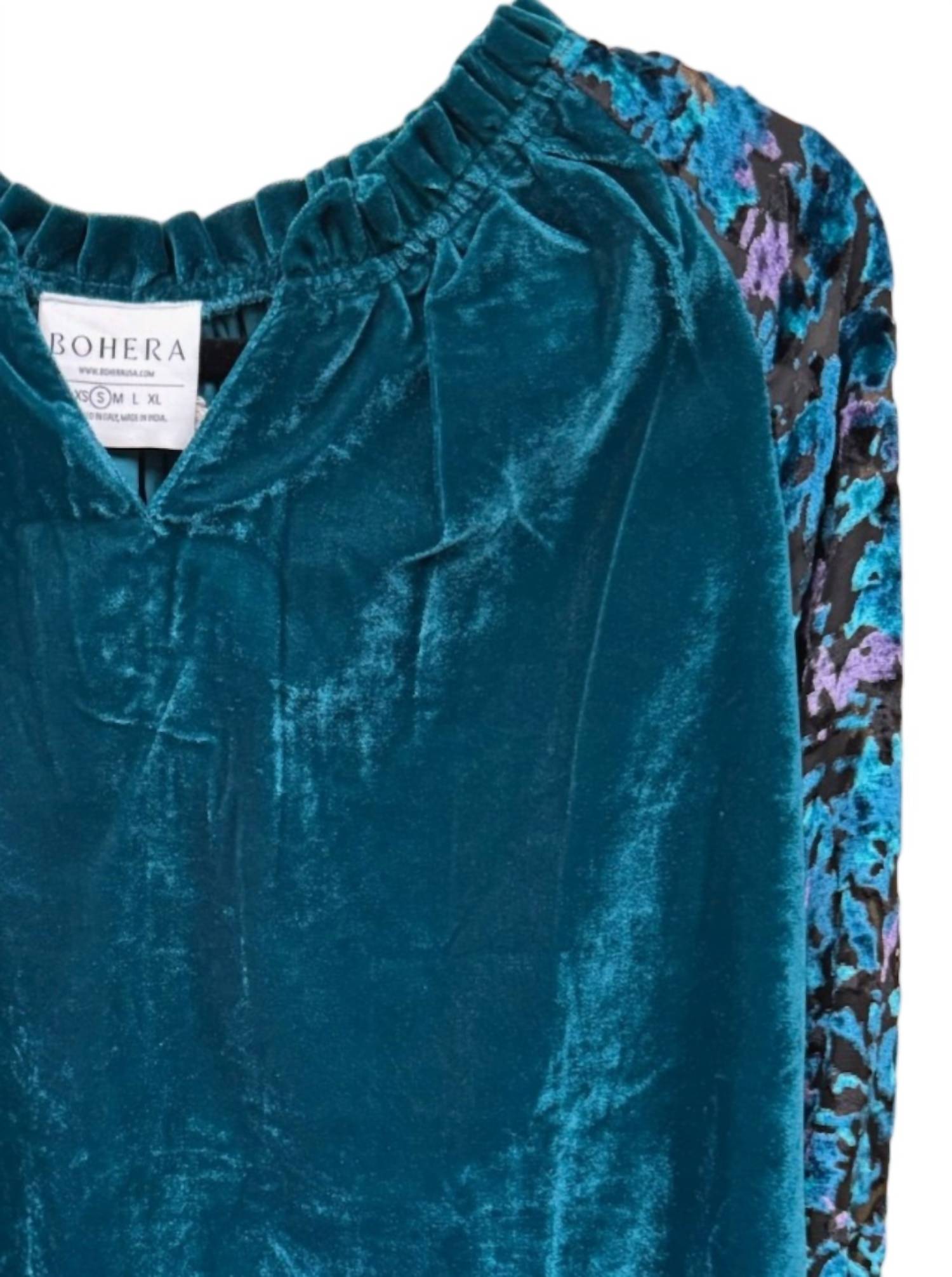 Myra Women's Zandra Velvet V Neck Top in teal - women's blouse - detail view