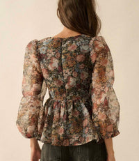 Promesa - Floral Print Organza Puff-sleeve Peplum Top