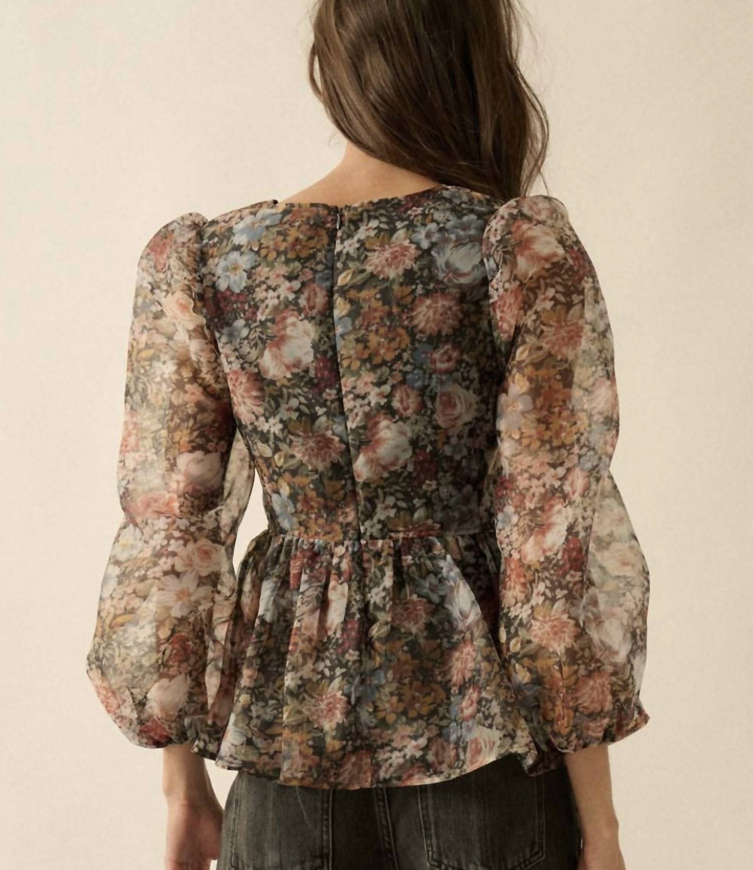 Promesa - Floral Print Organza Puff-sleeve Peplum Top
