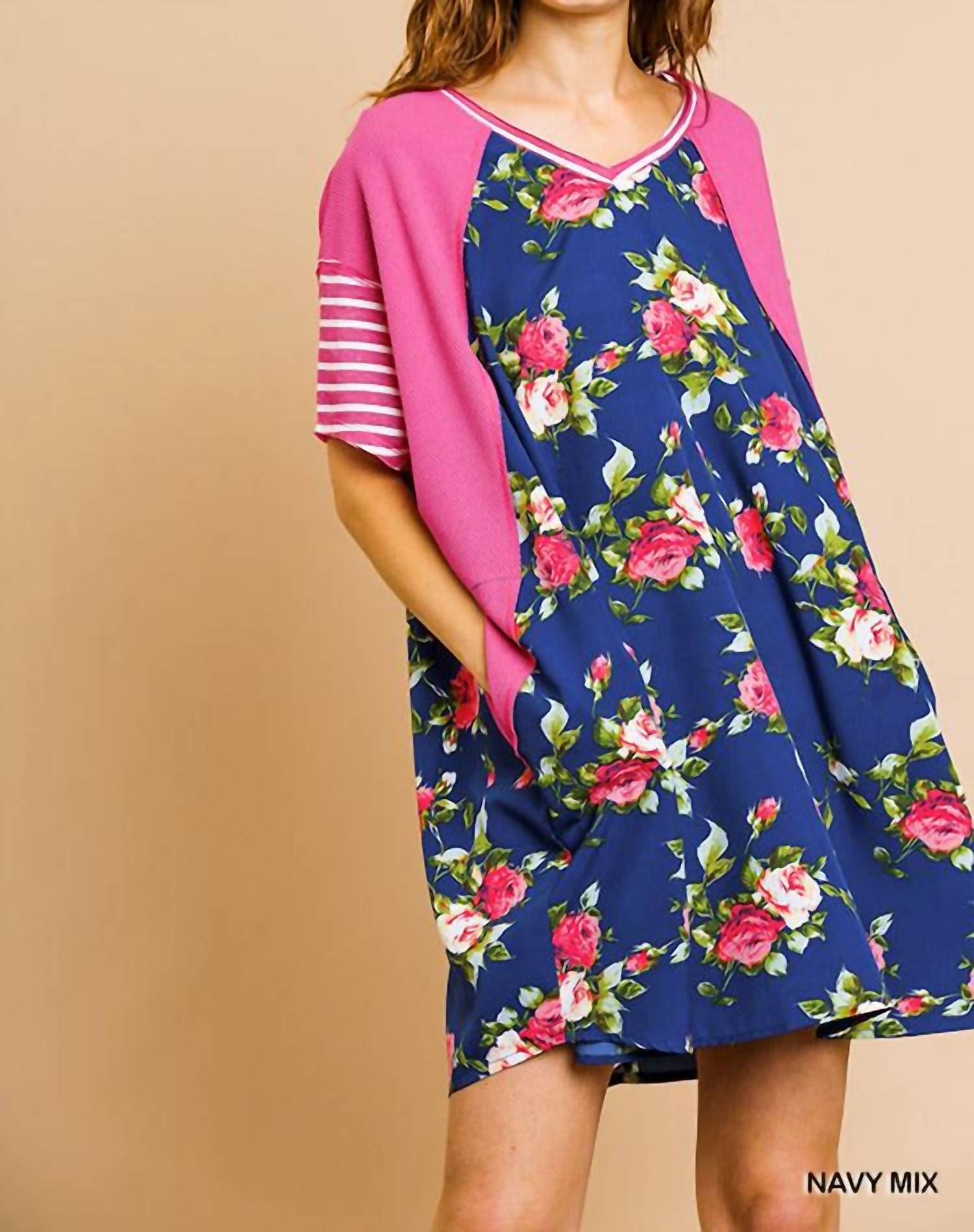 Umgee - Striped & Floral Pocket Dress