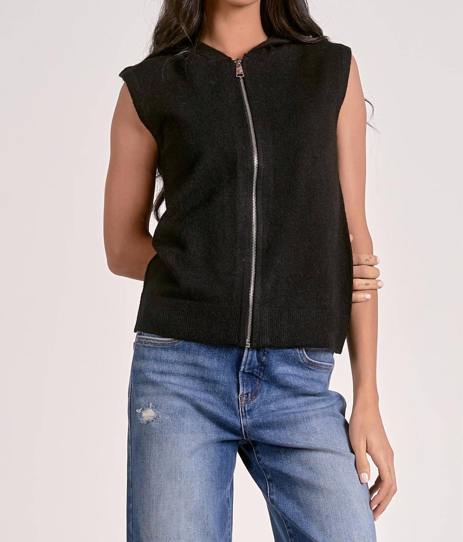 Elan - Irene Sleeveless Zip Up Sweater Vest Hoodie