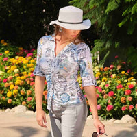 Dolcezza - Elegant Toile Print Collared Knit Blouse