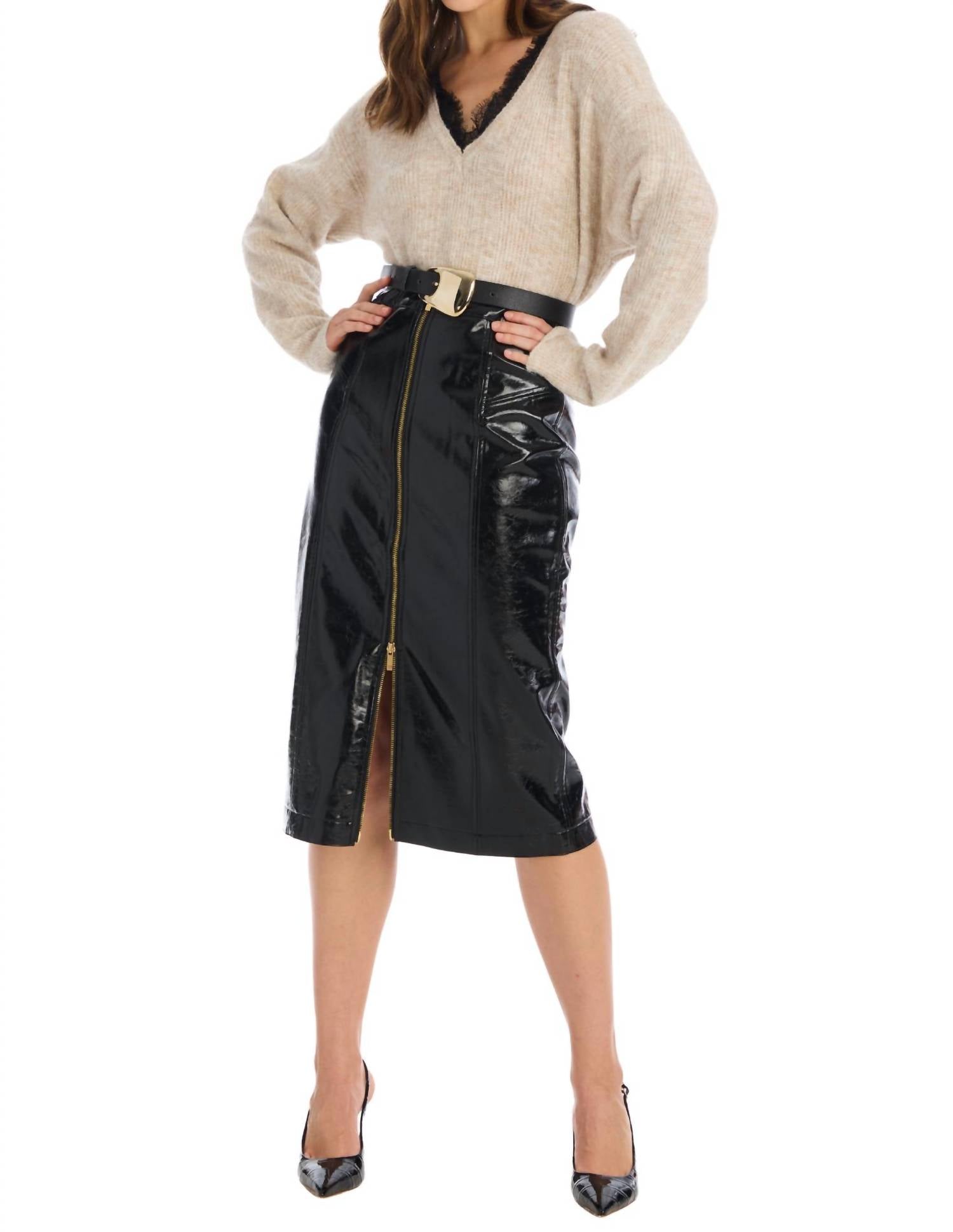 ALLISON NEW YORK Taren Faux Leather Midi Skirt in black - women's skirt - view 4