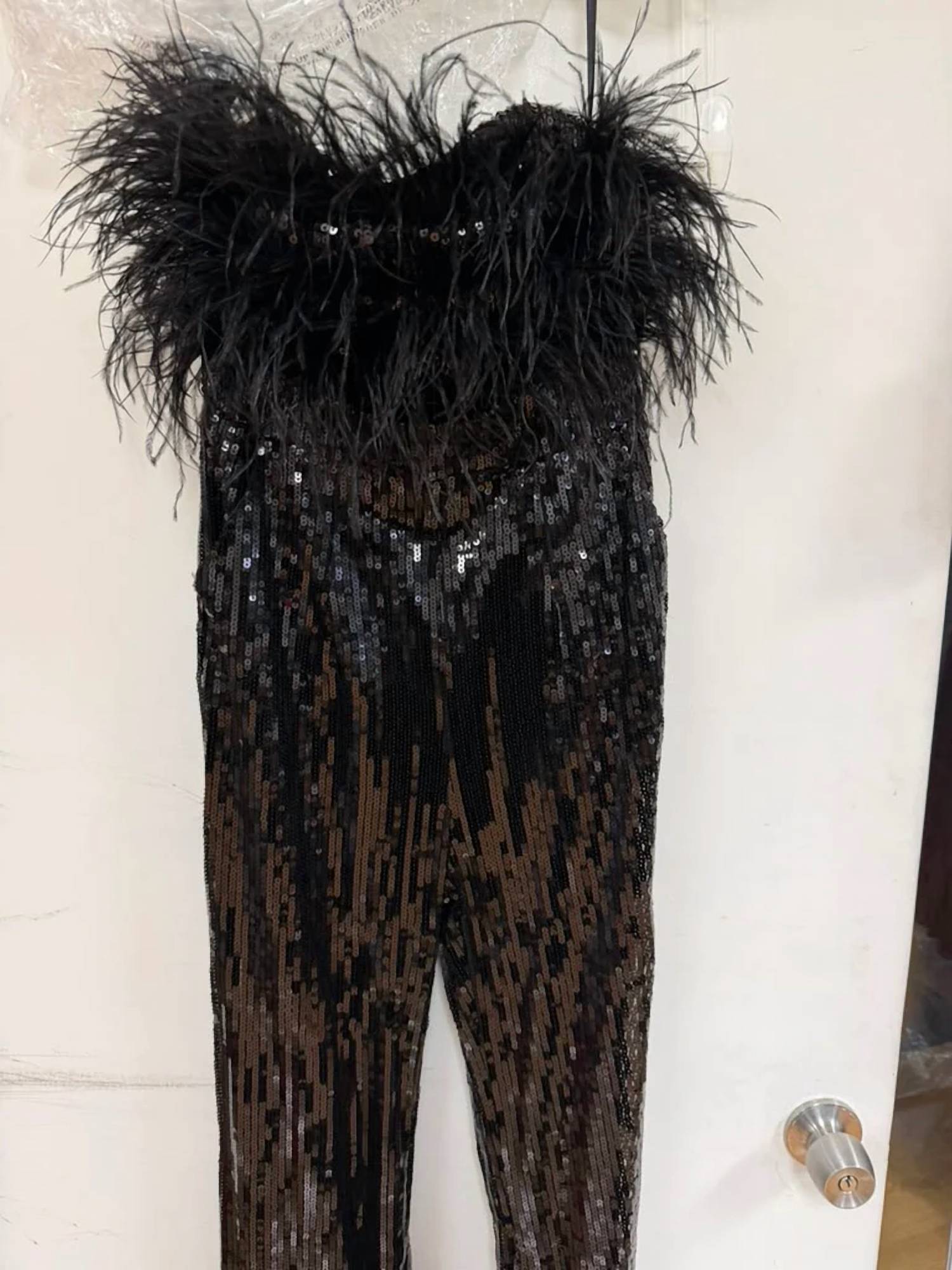 Amelia Couture - Sequin Feather Strapless Formal Jumpsuit
