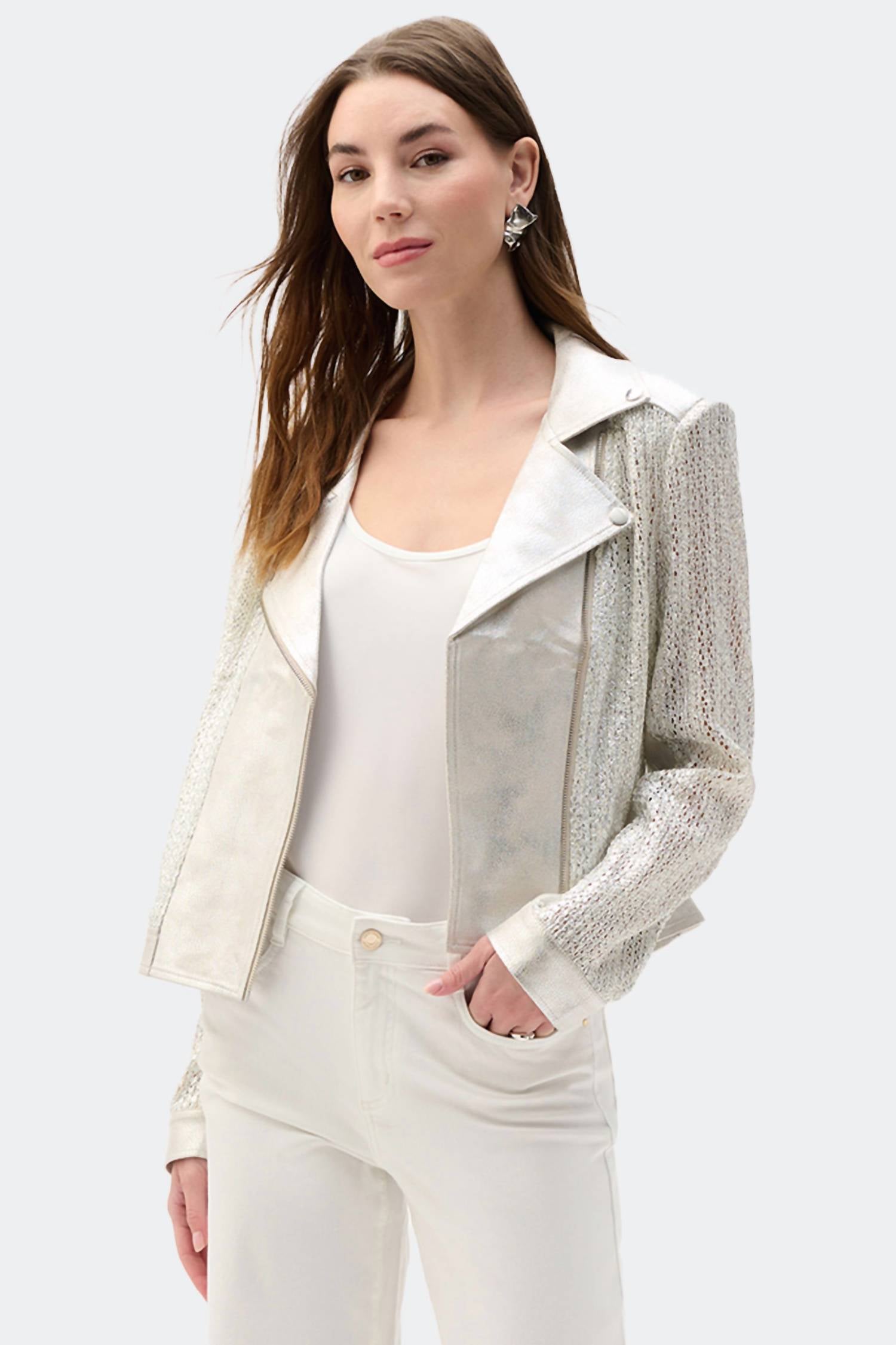 Joseph Ribkoff - Faux Suede Foiled Knit Moto Jacket