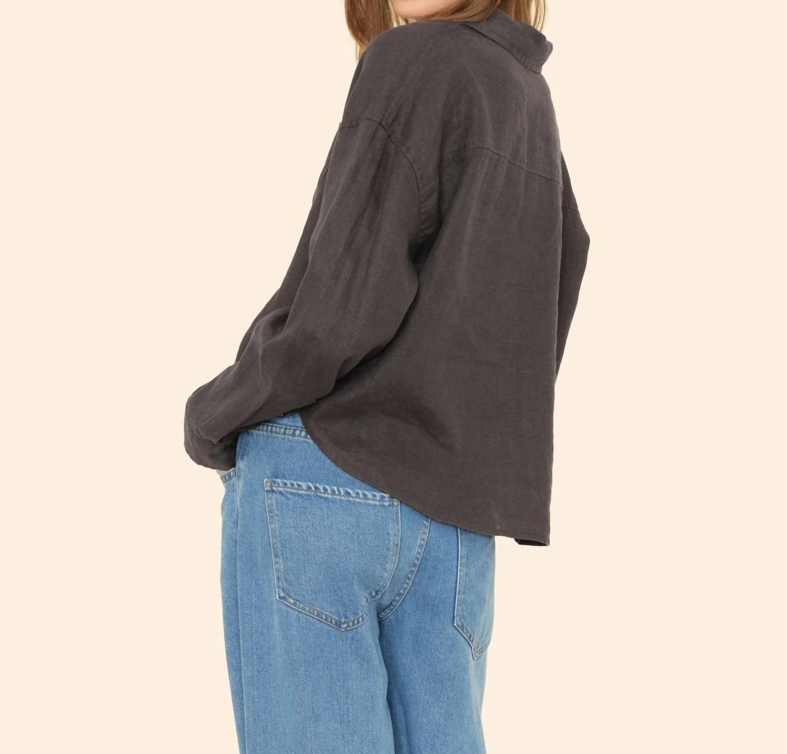 XIRENA Brittan Long Sleeve Shirt in black quartz - women's shirt - detail view