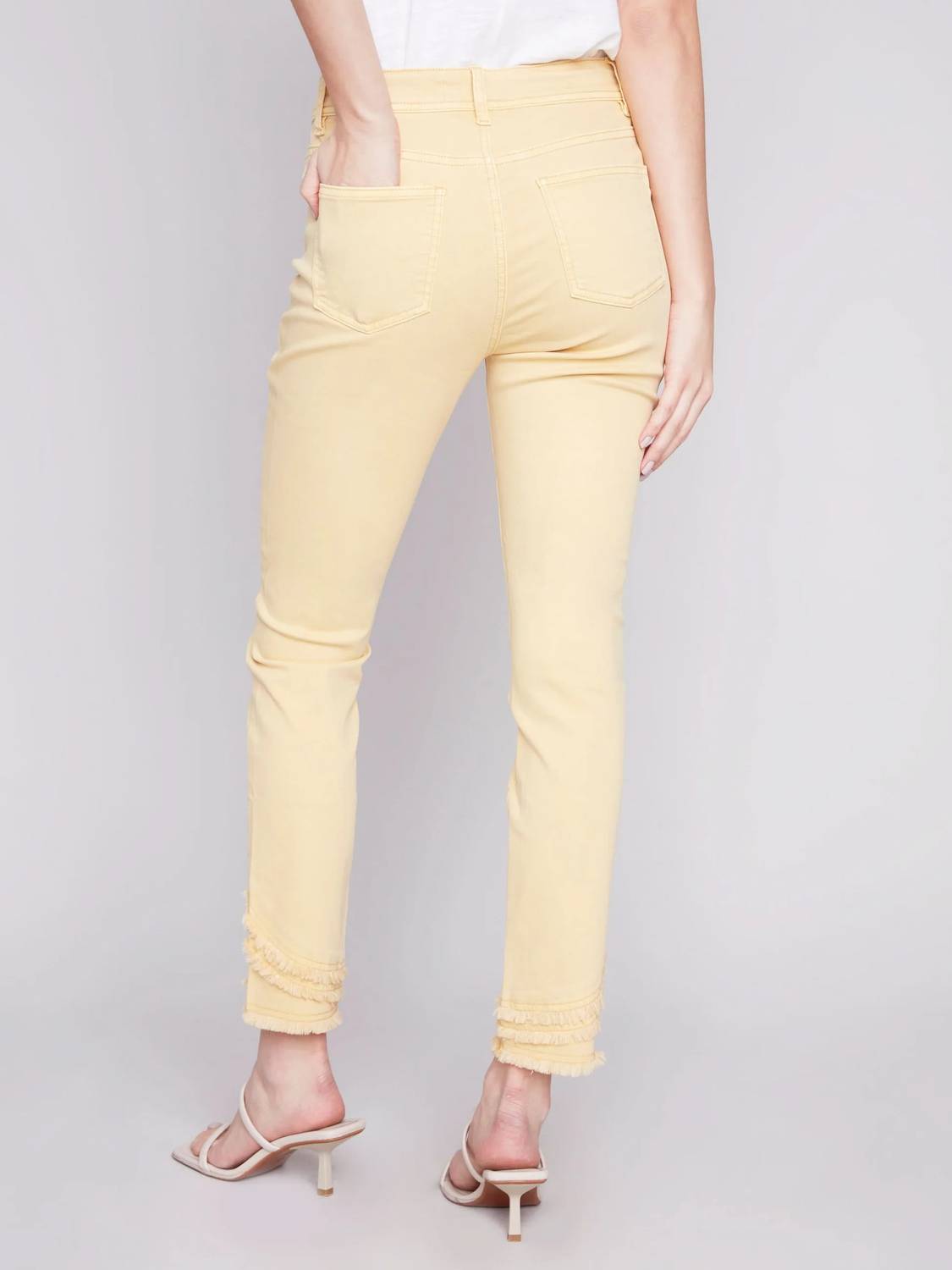 CHARLIE B Slant Fringe Ankle Jean in lemon - women's jeans - detail view