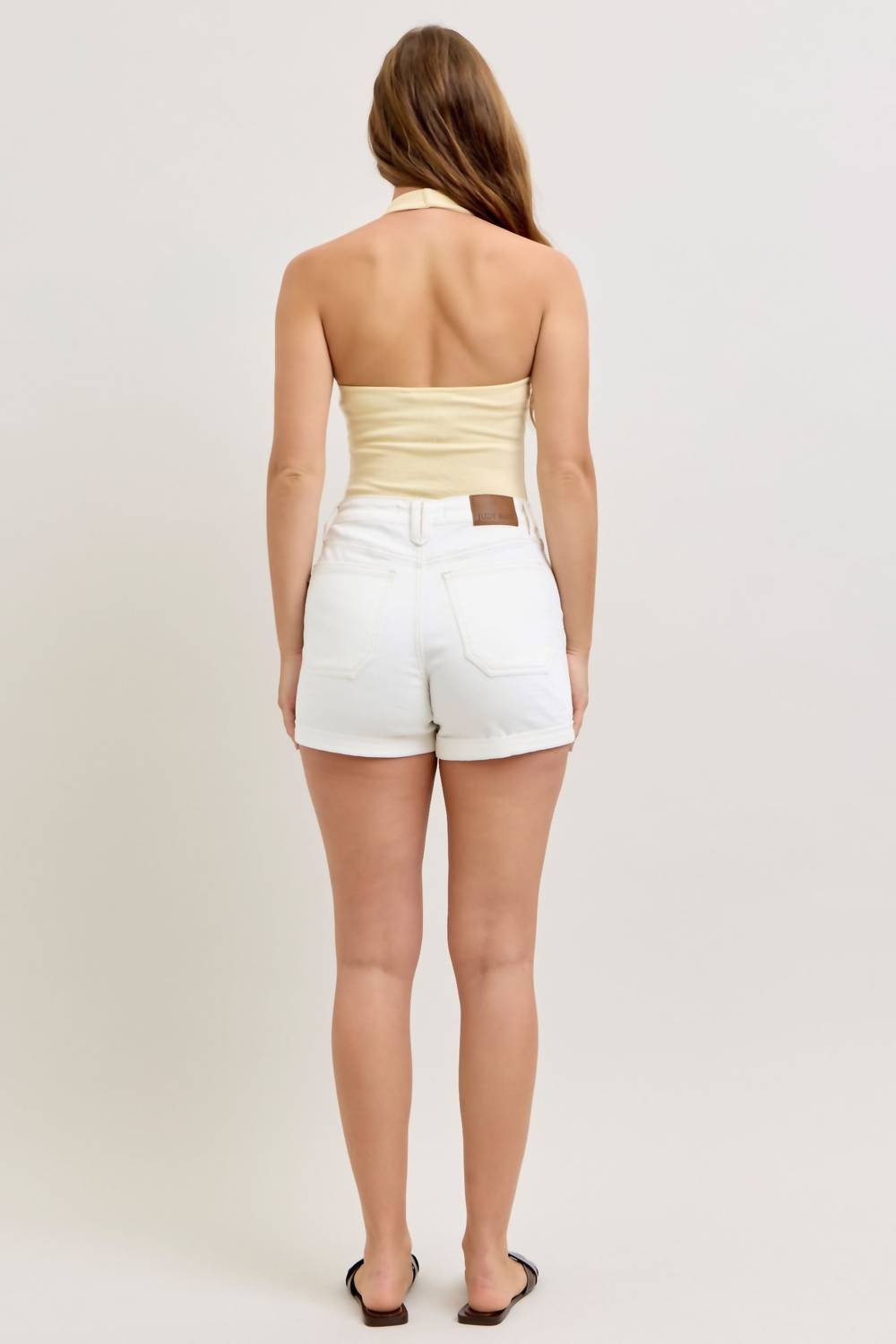 Judy Blue High Waist Aurora Weekender Double Rolled Cuff Denim Short in white - women's shorts - detail view