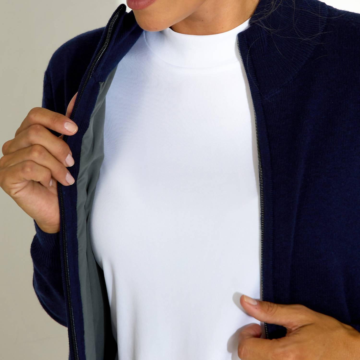 Abacus Sportswear US Lds Liffin Knitted Windstopper Cardigan in navy - women's cardigan - detail view