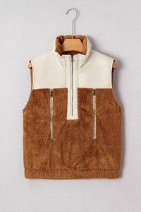 Lovesoft Women's Half-zip Sherpa Pullover Vest in beige brown - women's jacket