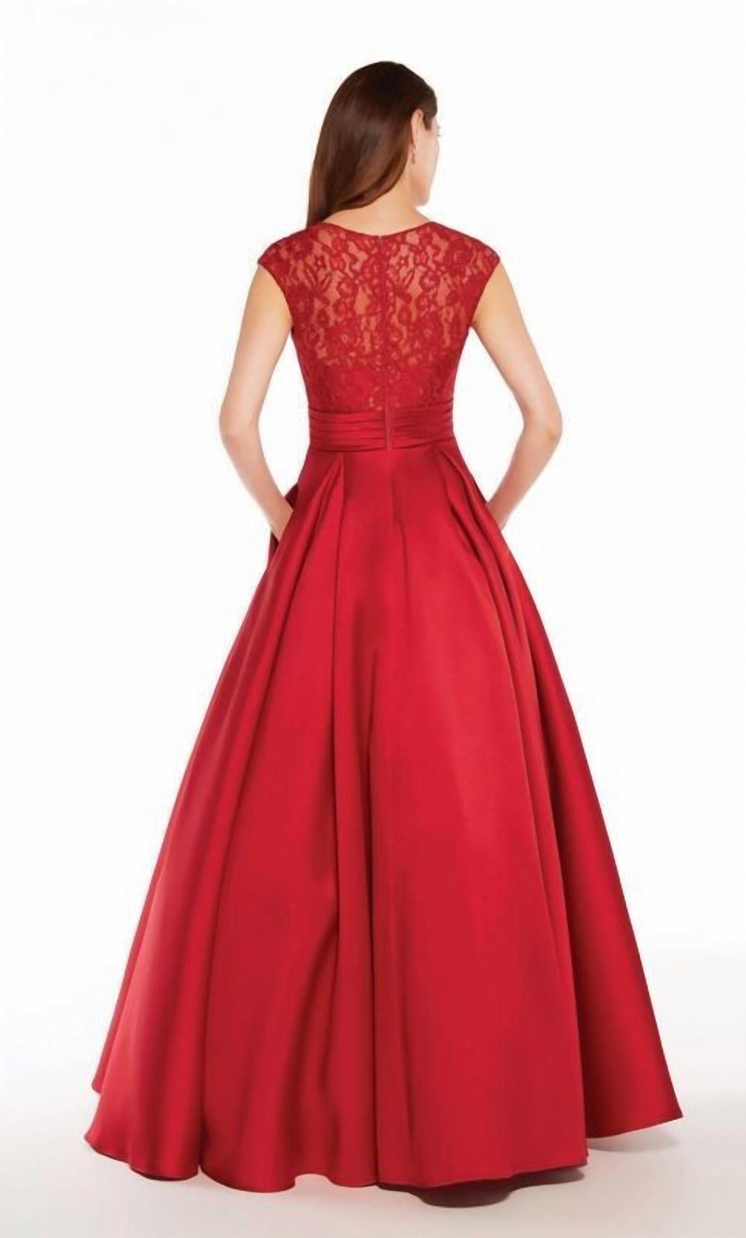 ALYCE PARIS Pleated Skirt Lace Bodice Dress in crimson red - women's dress - detail view