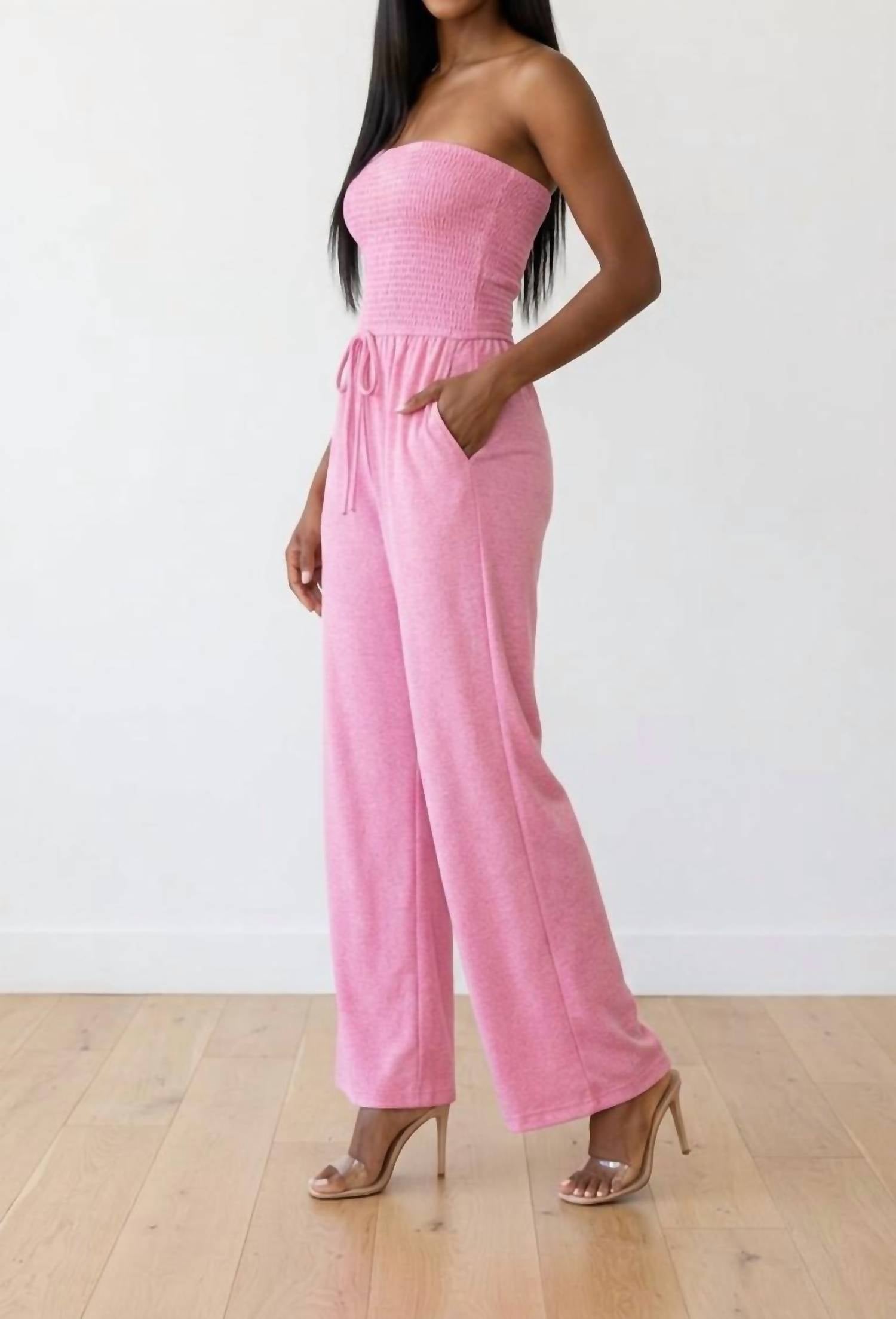 ZENANA Strapless Smocked Jumpsuit in candy pink - women's pants