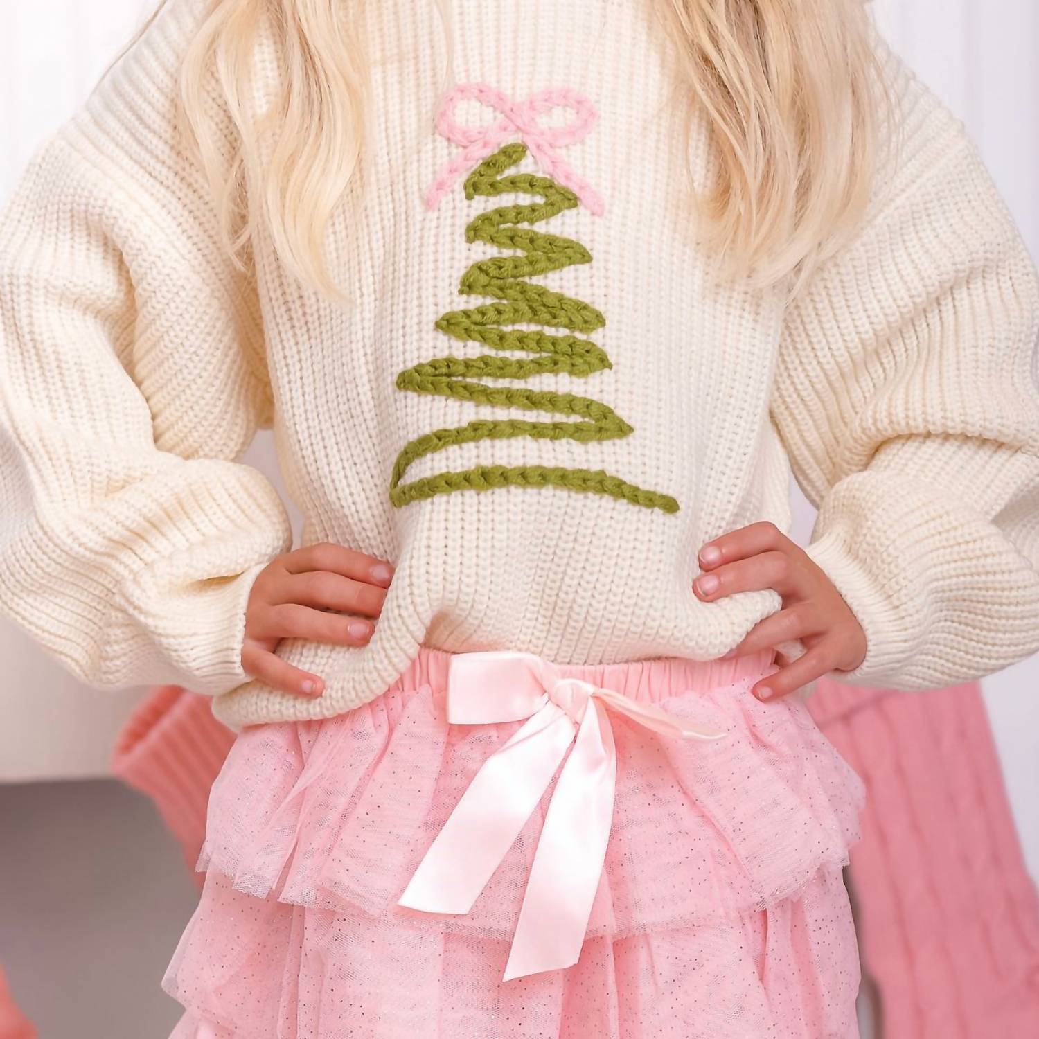 Sweet Wink - Girls Coquette Christmas Tree Knit Sweater