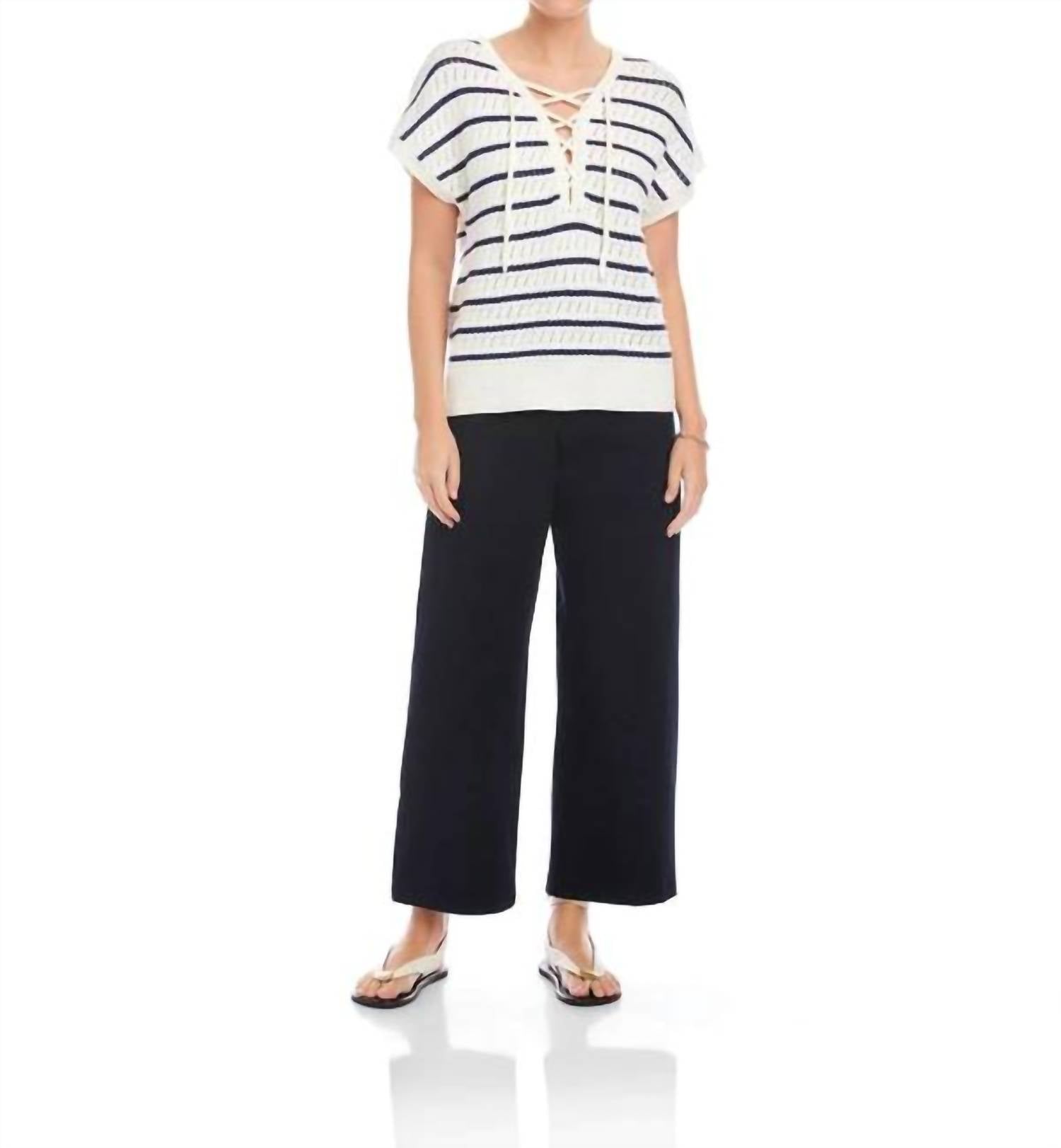 Fifteen Twenty - Beth Crochet Stripe Lace-up Sweater