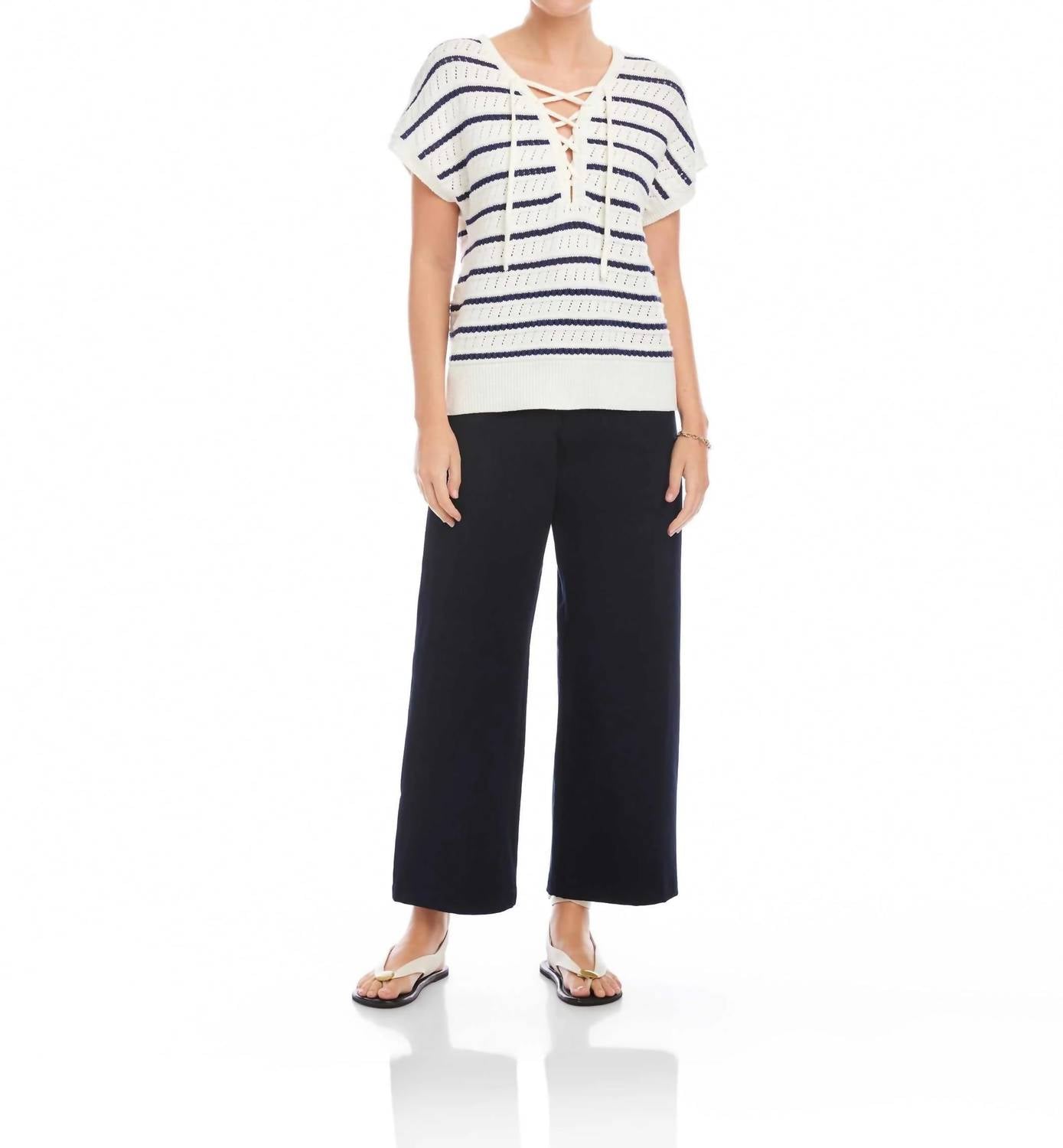 Fifteen Twenty - Beth Crochet Stripe Cap Sleeve Lace-Up Sweater