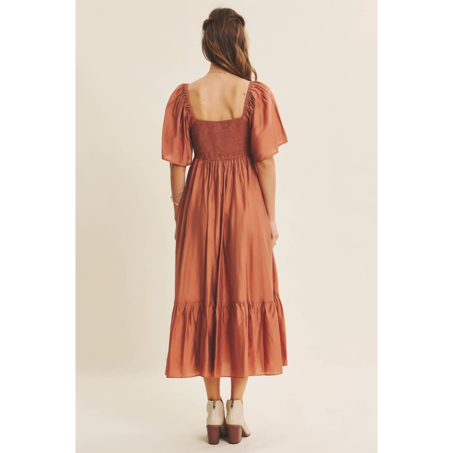 In February - Sweetheart Smocked Flowy Midi Dress