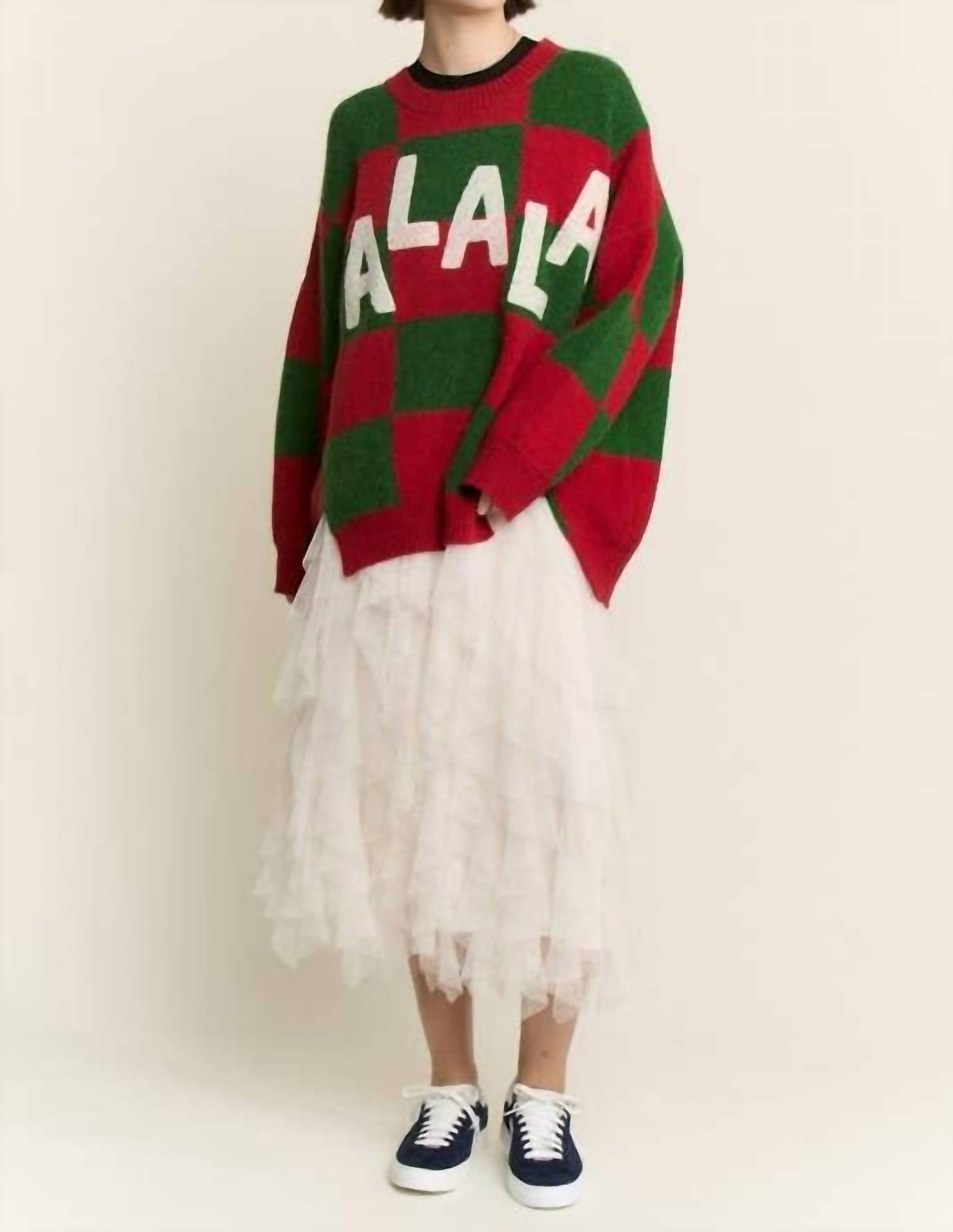 JADE BY JANE Fa La La Fabulous Checkered Christmas Sweater in red green - women's sweater - alternate view
