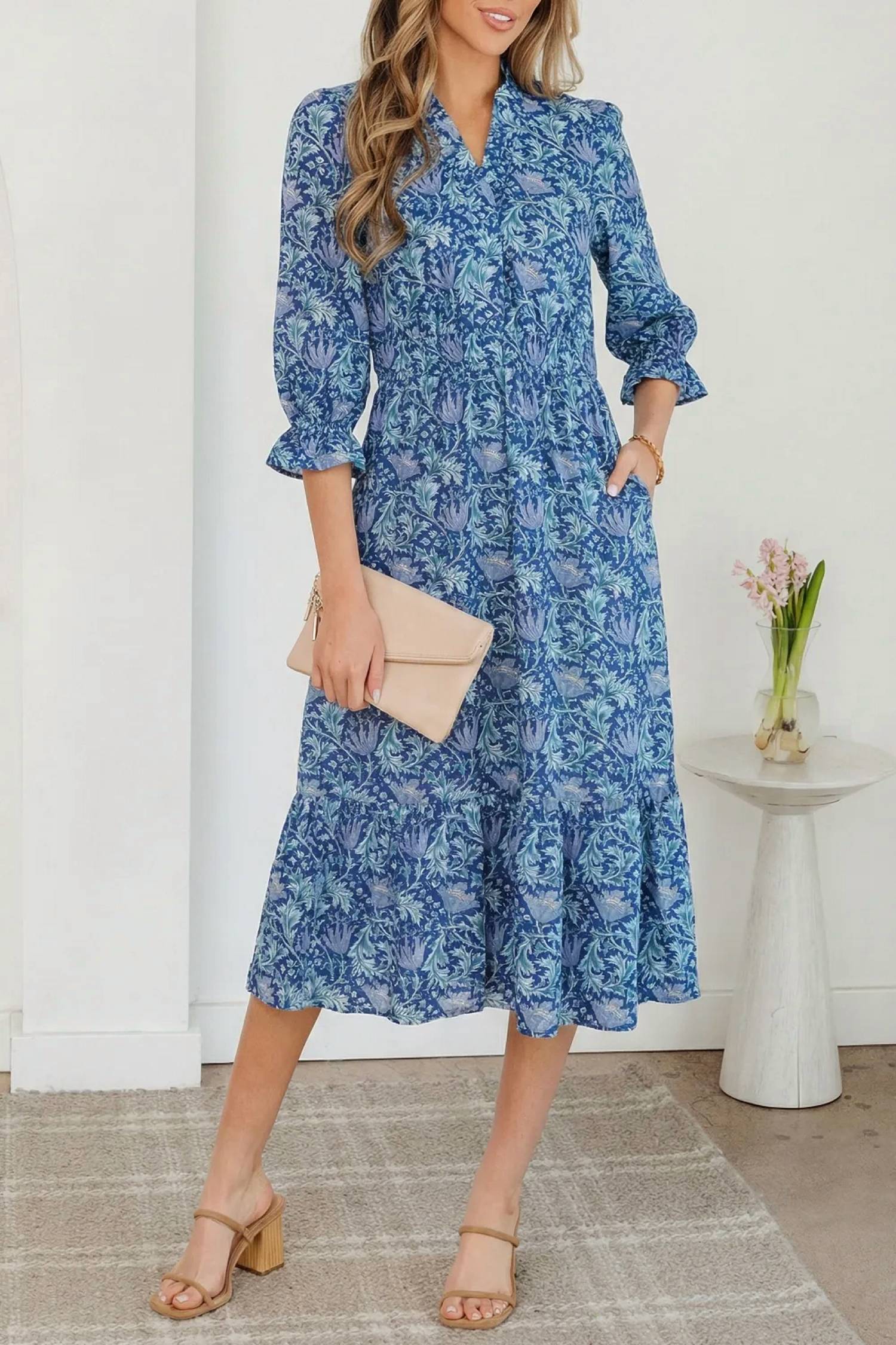 Unishe - Tonal Floral Midi 3/4 Sleeve Dress