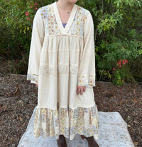 POL Long Sleeve Cotton Gauze Tiered Dress With Crochet Trim in natural - women's dress