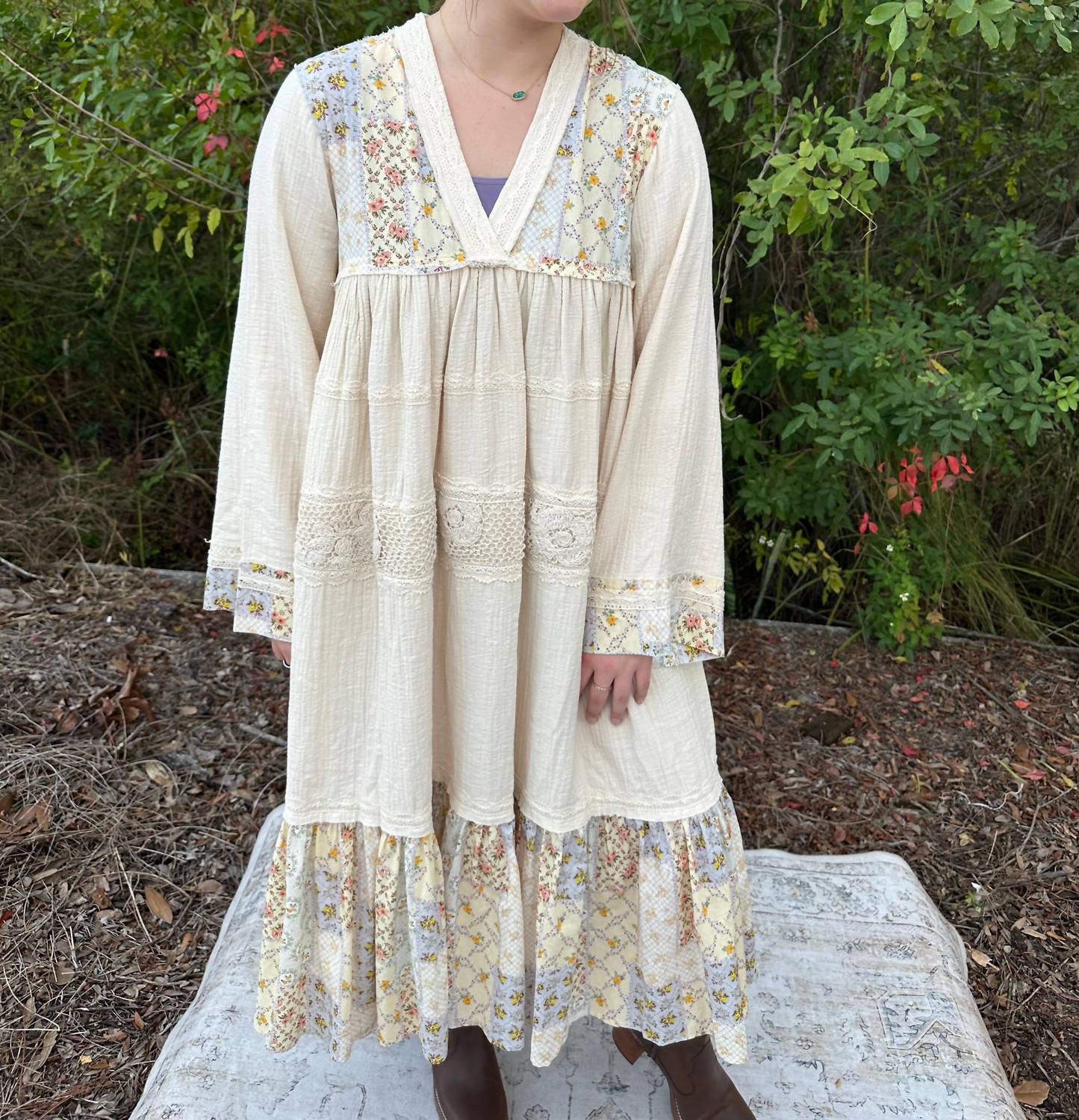 POL Long Sleeve Cotton Gauze Tiered Dress With Crochet Trim in natural - women's dress