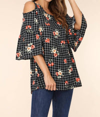 Crepas - Floral Print Cold Shoulder Tunic
