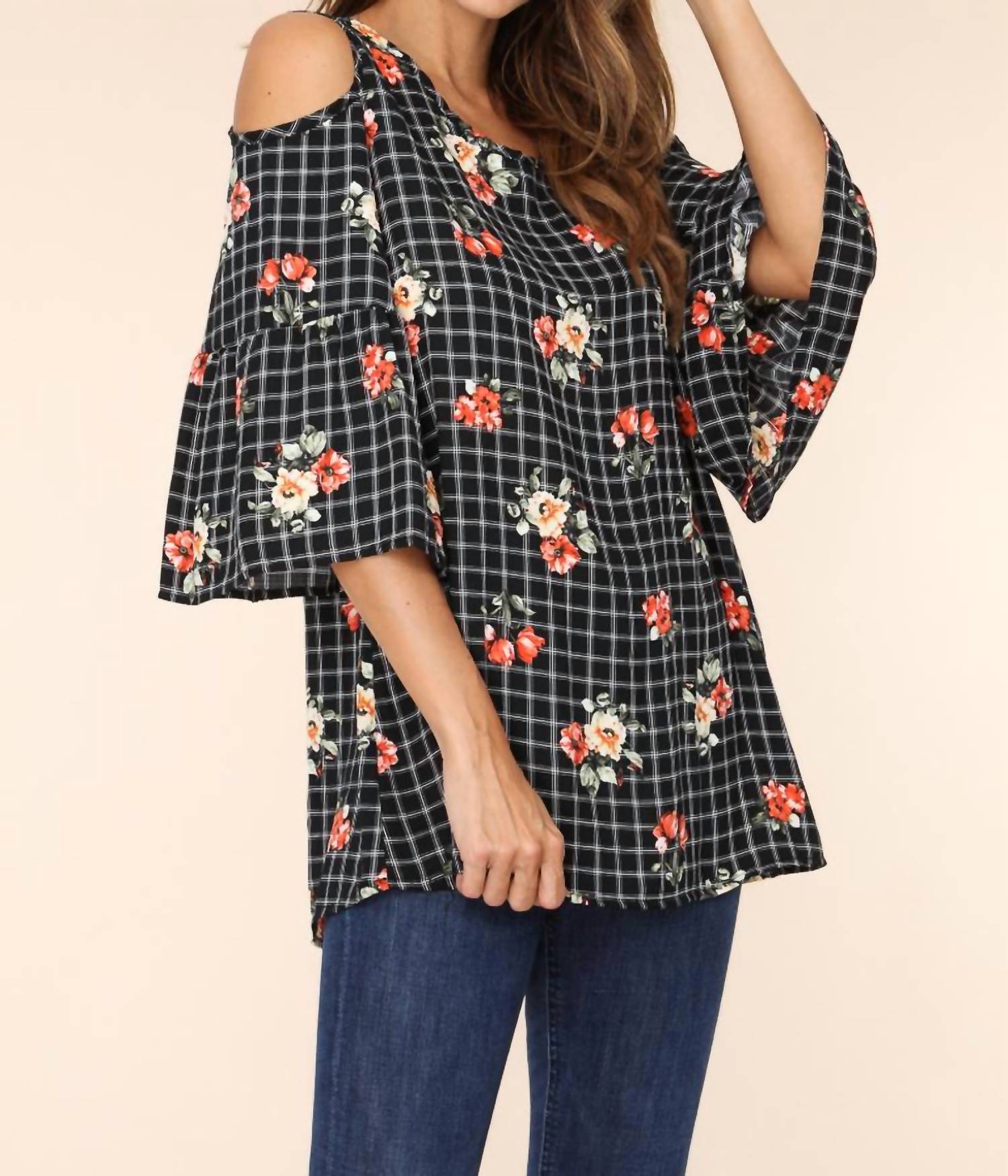 Crepas - Floral Print Cold Shoulder Tunic