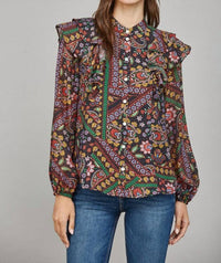 Fate Ruffle Detail Stand Collar Blouse in black multi - women's blouse - detail view