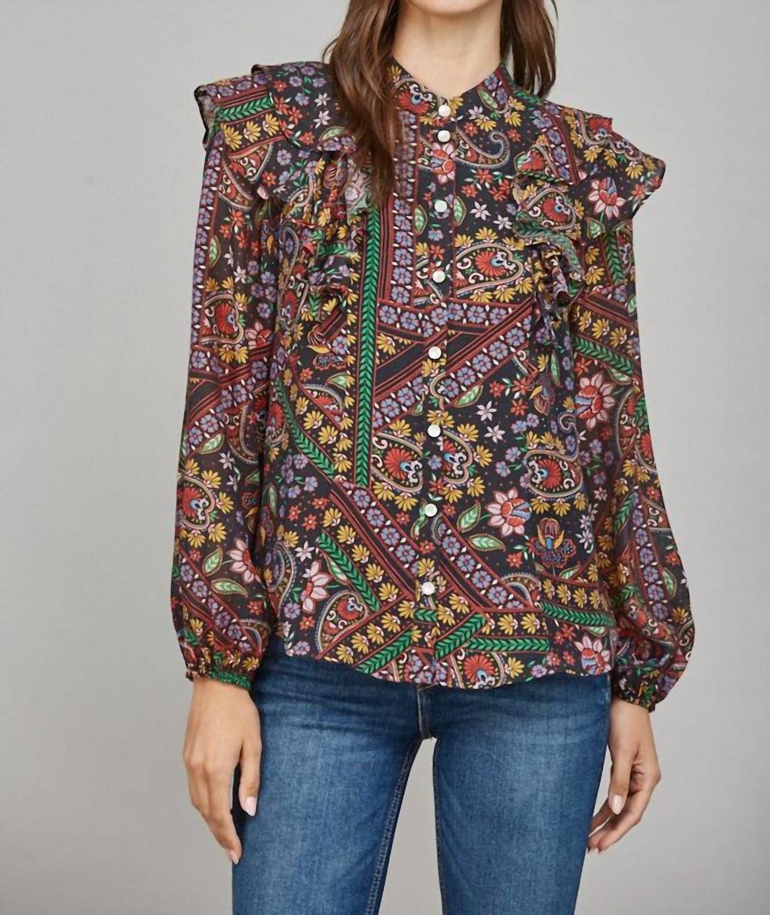 Fate Ruffle Detail Stand Collar Blouse in black multi - women's blouse - detail view