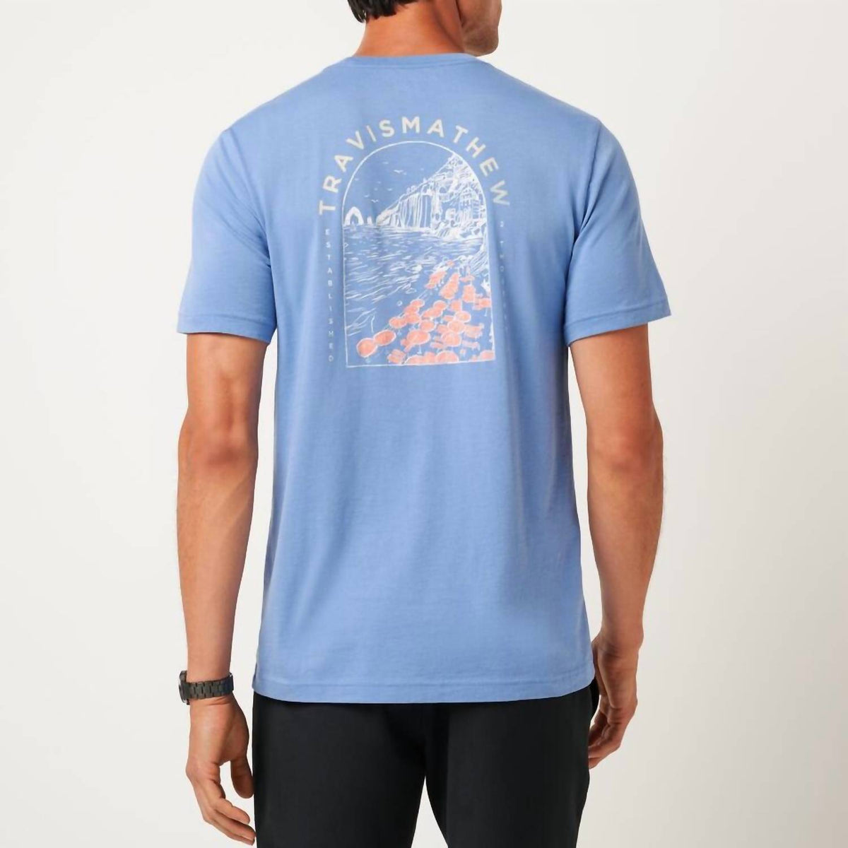 TravisMathew Reef Walk Short Sleeve Tee in pacific coast - men's t-shirt - detail view