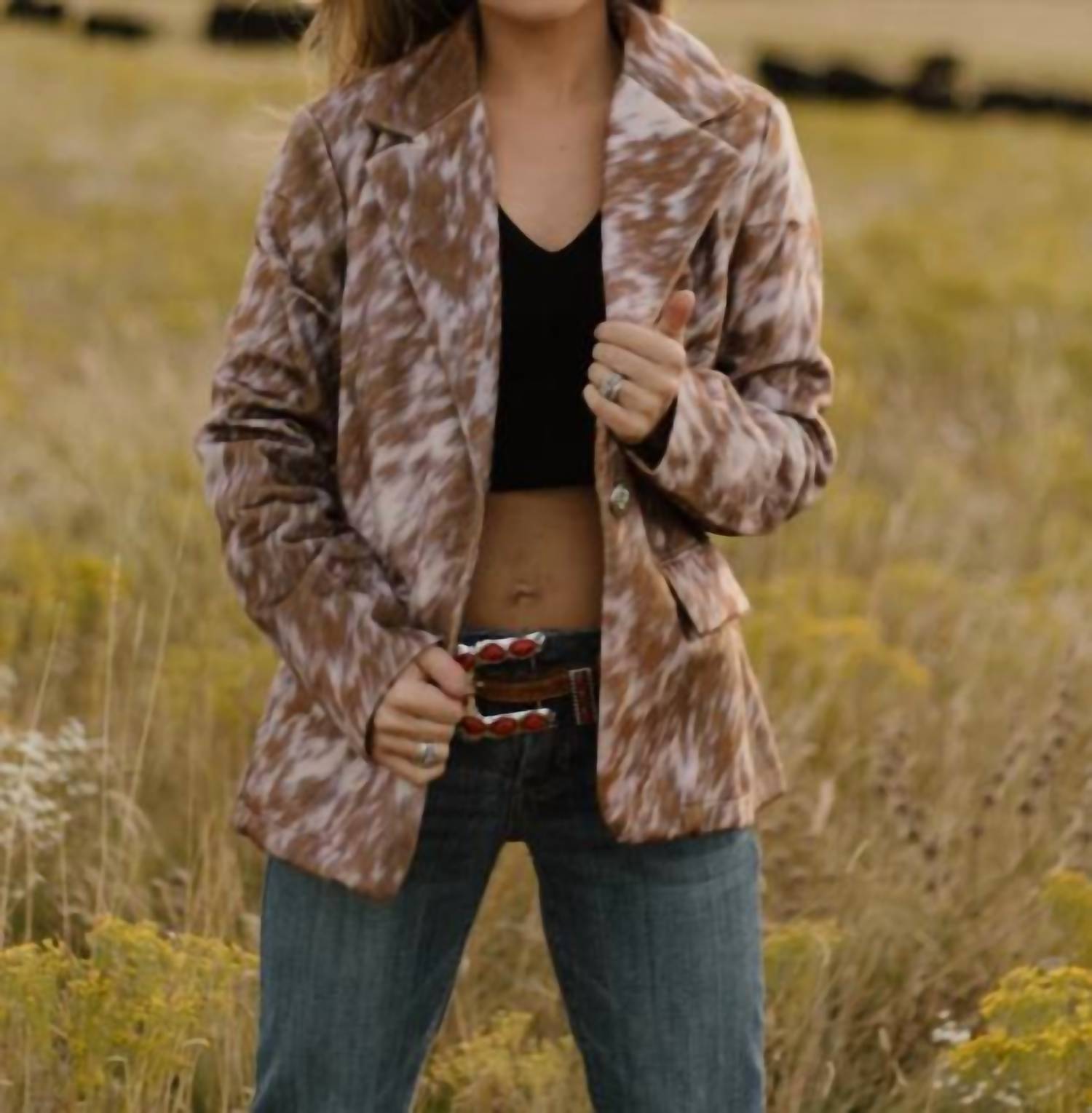 Sterling Kreek Cows Come Home Blazer in animal - women's jacket