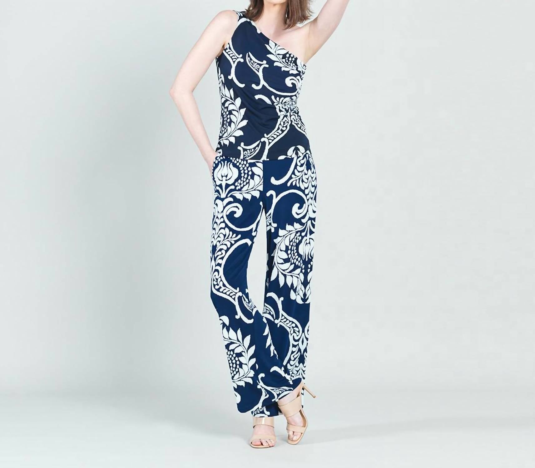 Clara Sun Woo one shoulder top in navy white print - women's tank top - view 4