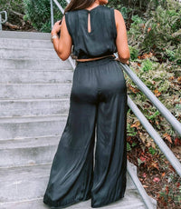 By Together Satin Crop Top and High Slit Wide Leg Pant 2 Piece Set in black - women's pants - detail view