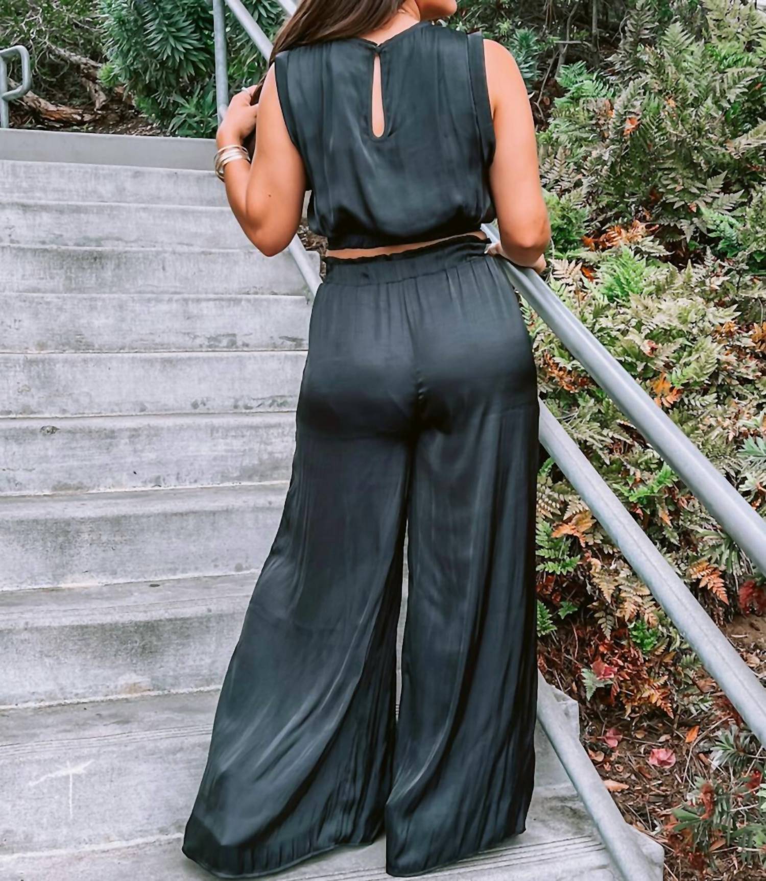 By Together Satin Crop Top and High Slit Wide Leg Pant 2 Piece Set in black - women's pants - detail view