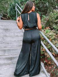 By Together Satin Crop Top and High Slit Wide Leg Pant 2 Piece Set in black - women's pants - alternate view