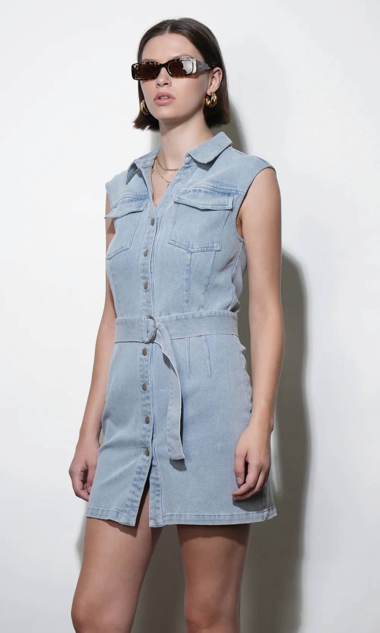 Greylin - Madison Sleeveless Denim Mini Belted Dress