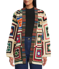 JOHN MARK Colorful Yarn-dye Granny Long Sleeve Open Cardigan in beige multi - women's cardigan