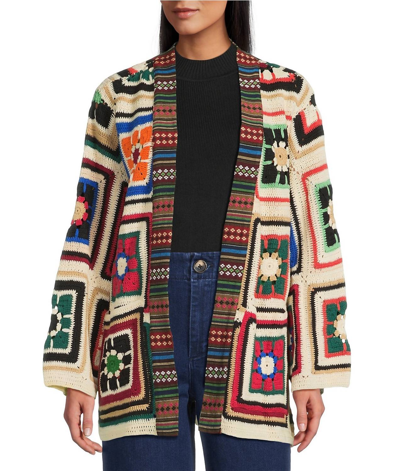 JOHN MARK Colorful Yarn-dye Granny Long Sleeve Open Cardigan in beige multi - women's cardigan