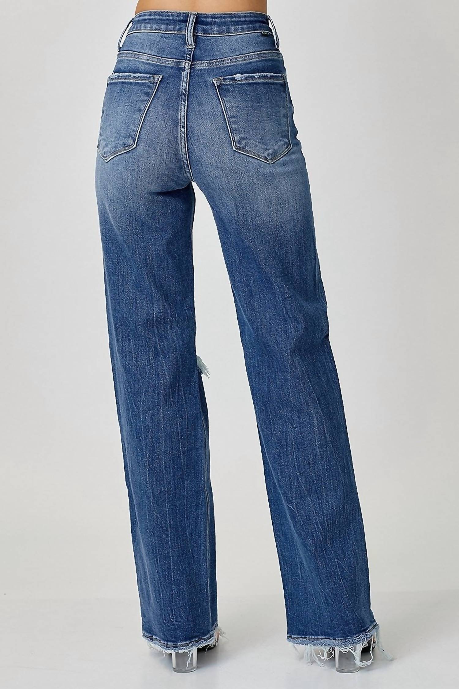 RISEN High Rise Ripped Wide Leg Jeans in blue - women's jeans - detail view