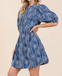 Geegee X Lovelo - Floral Embroidered Half Button-up Mini Dress