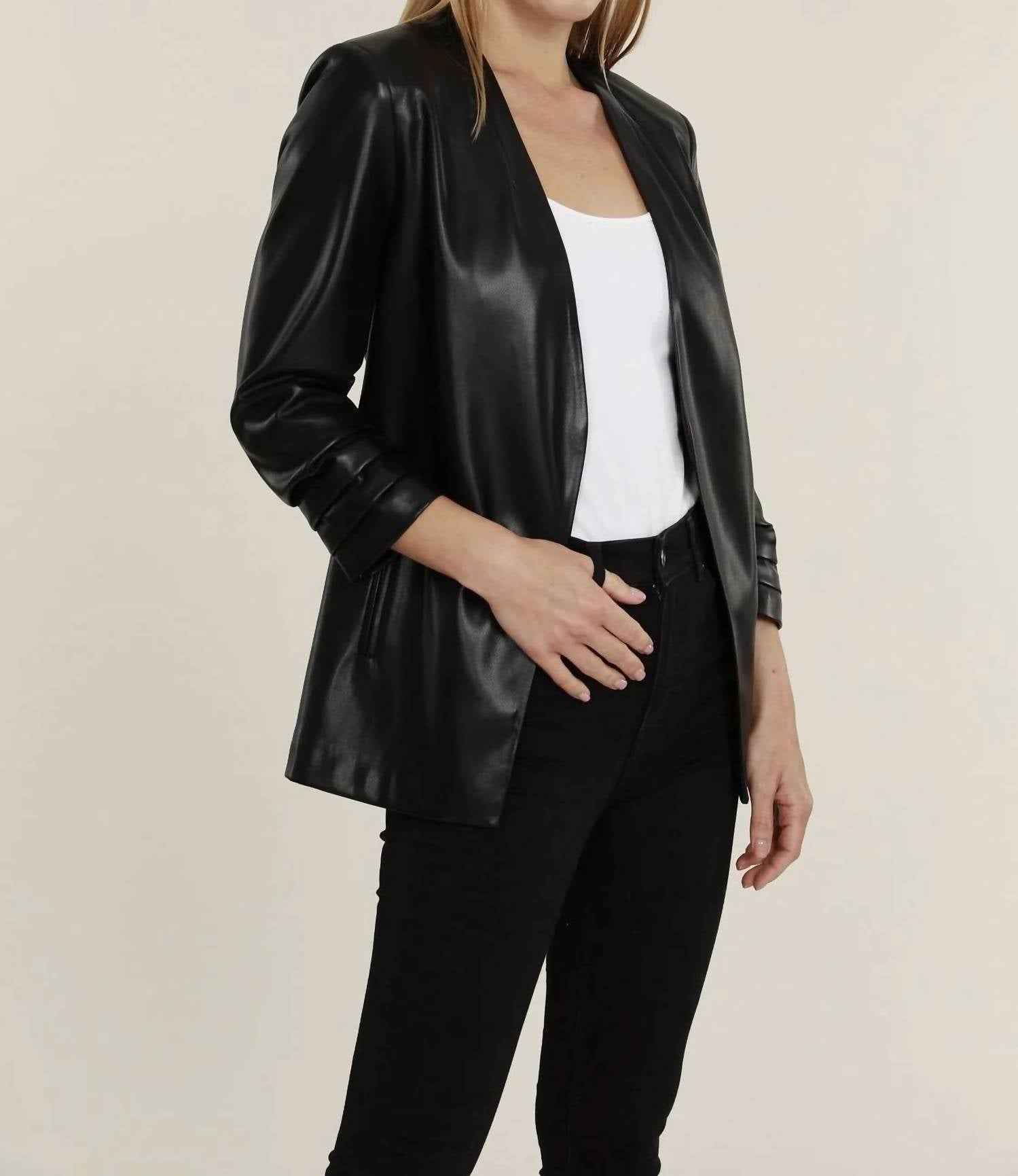 Dolce Cabo - Faux Leather Ruched Sleeve Blazer