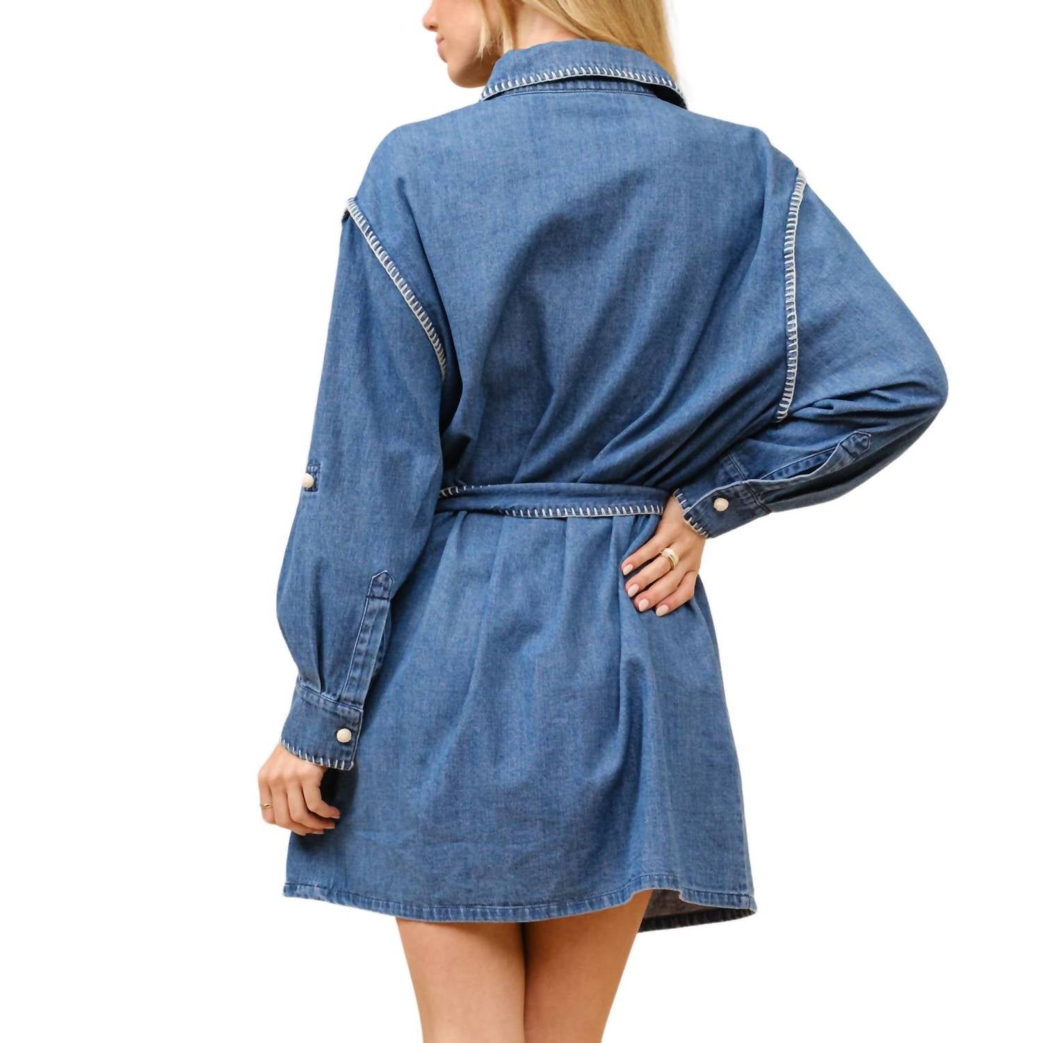 Blue B - Blanket Stitch Button Up Denim Shirt Dress