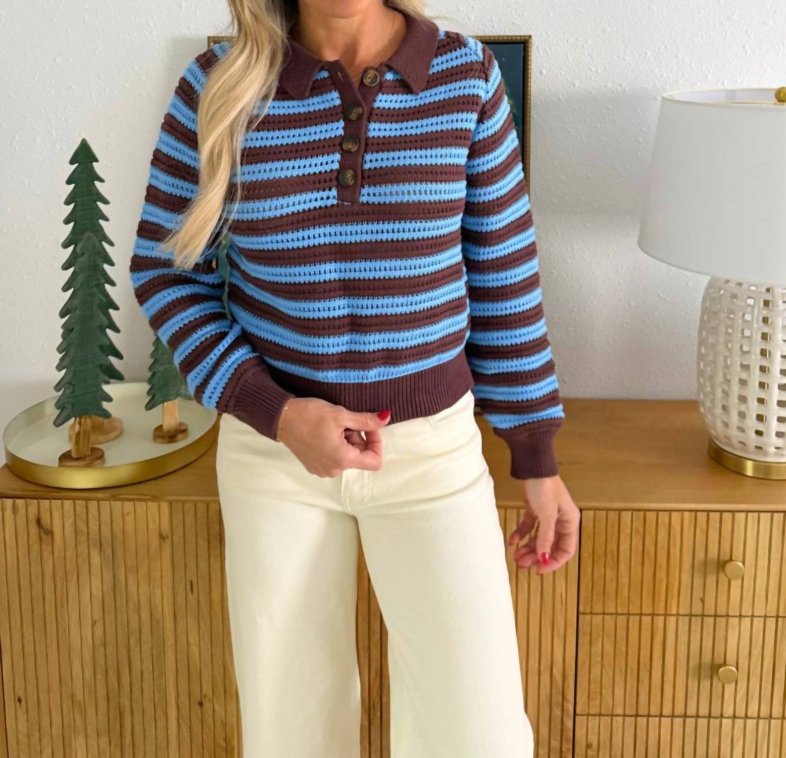 Aaron & Amber Bohemian Style Half Button Polo Striped Sweater in brown blue - women's long sleeve top
