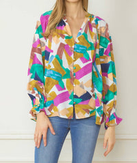 entro Abstract Button Down Blouse in orchid mix - women's blouse
