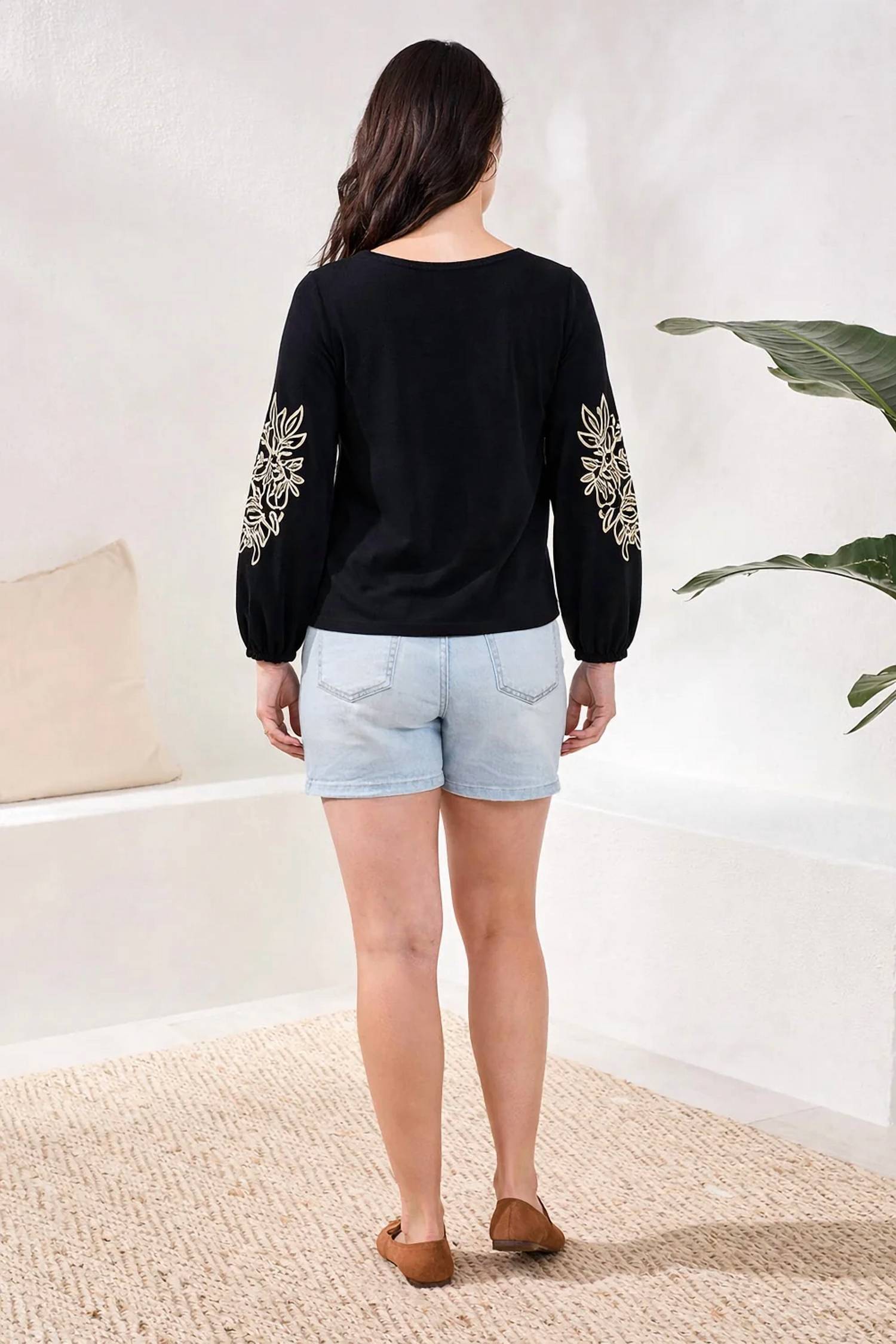 Tribal - Soutache Embroidered Boat Neck Puff Sleeve Top