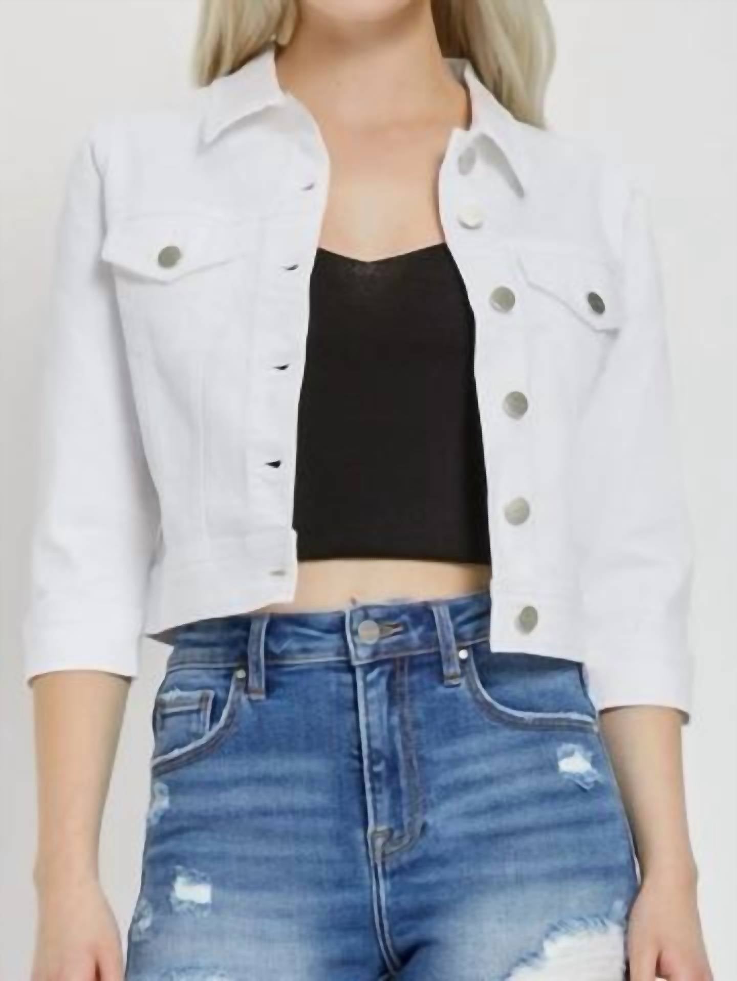 RISEN Shirring Sleeve Cropped Denim Jacket in white - women's jacket