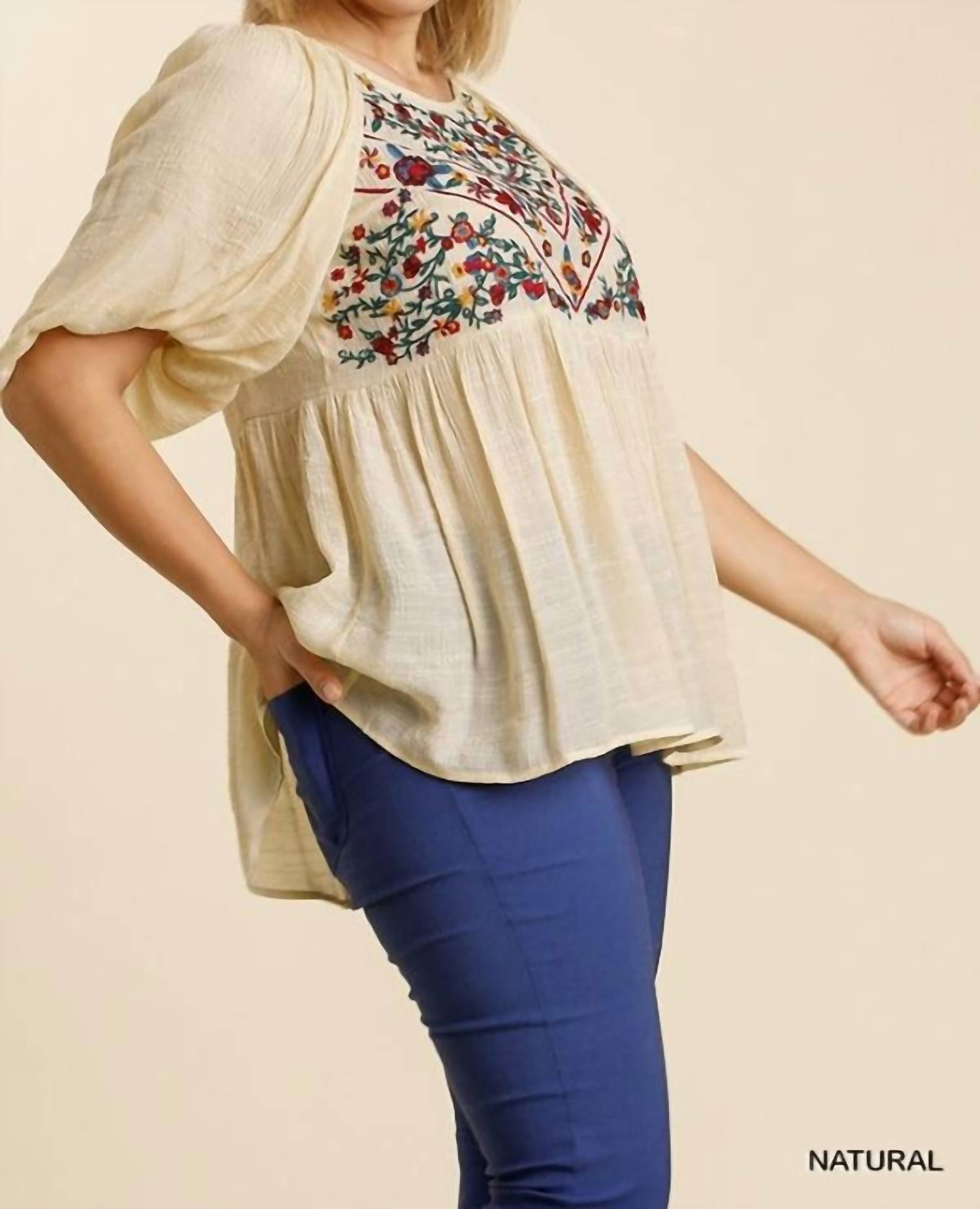 Umgee - Floral Embroidered Babydoll Top
