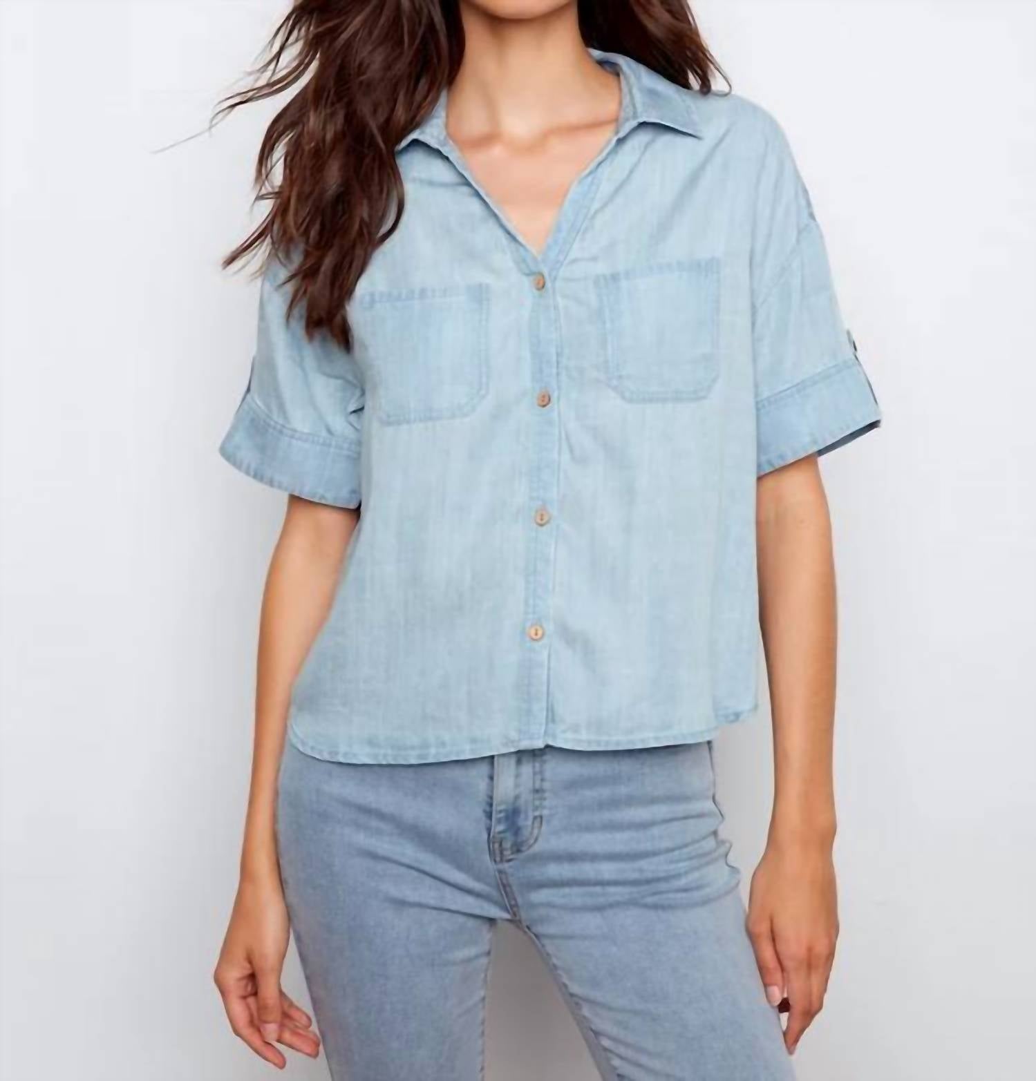 Charlie B - Short Sleeve Button Front Tencel Blouse With Patch Pocket