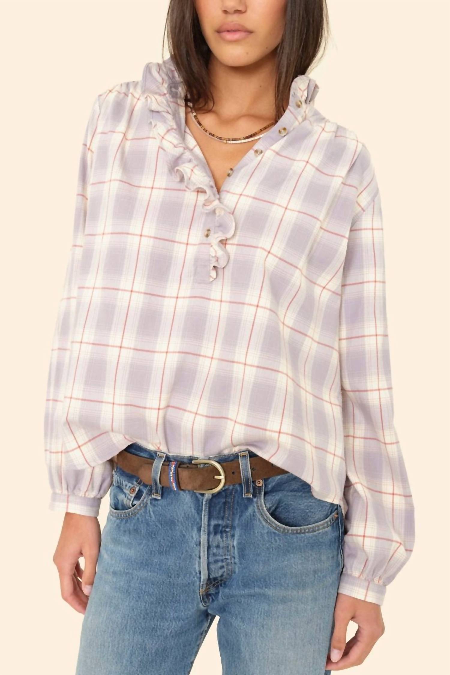 XIRENA Caspian Check Top in grey mist - women's shirt - alternate view