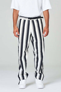WHITE SAND Parachute Canvas Stripe Pant in black white - men's jeans